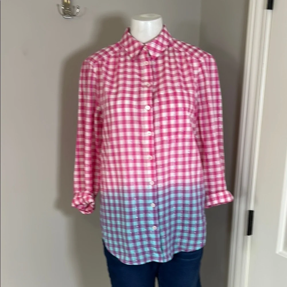 Anthropologie Pilcro Deb Gingham Button down Shirt Pink Blue Cotton Sz XS